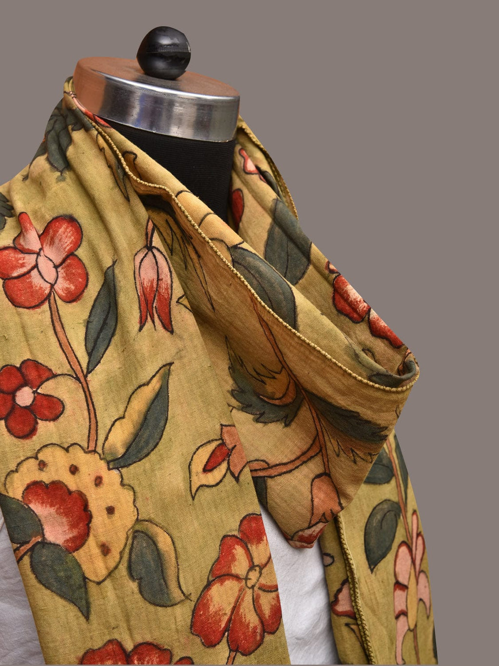 Light Green Kalamkari Hand Painted Cotton Stole with Floral Design - Global Threads | Grocsy