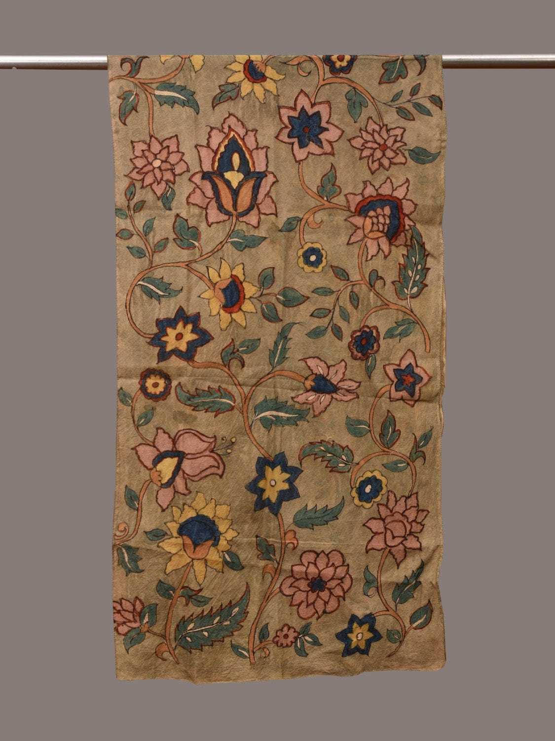 Light Green Kalamkari Hand Painted Sico Stole with Floral Design - Global Threads | Grocsy