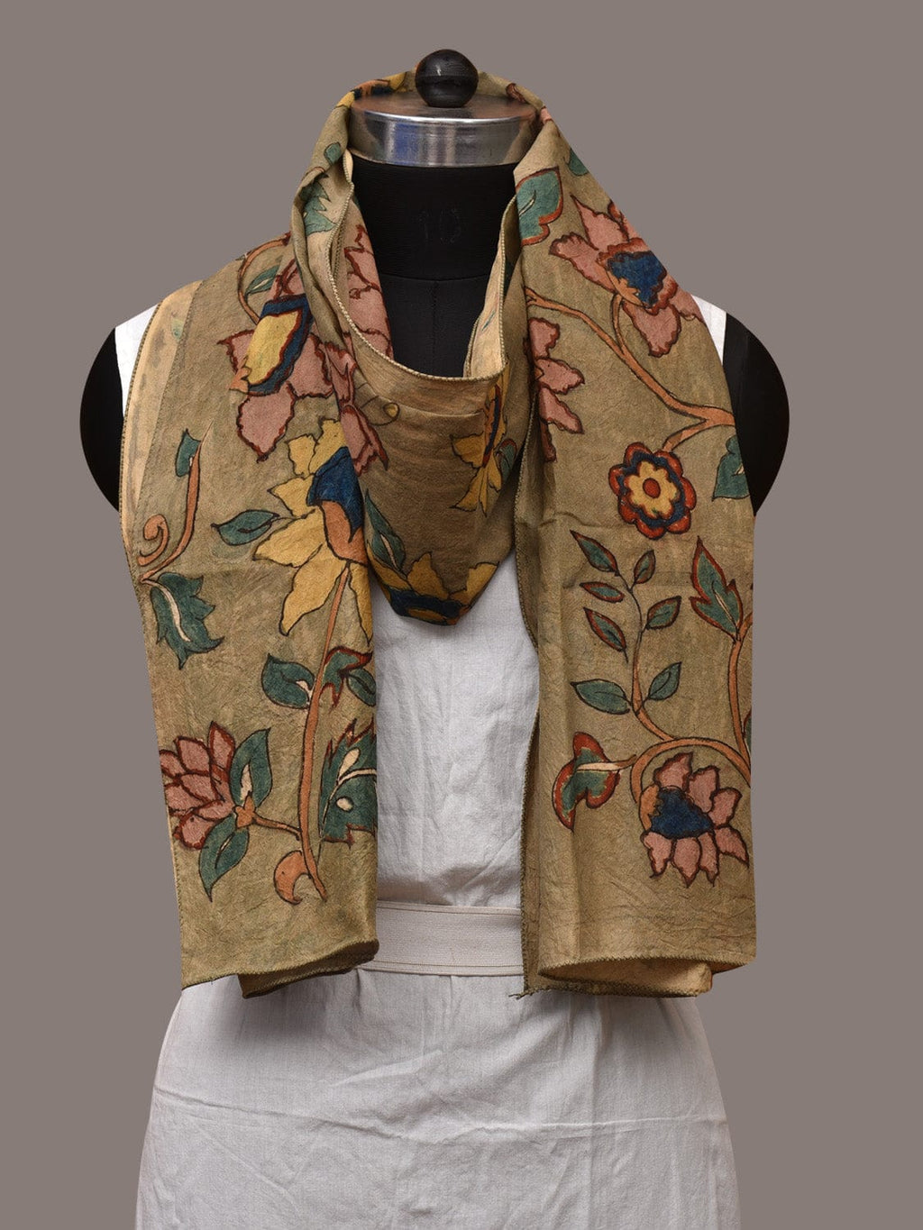 Light Green Kalamkari Hand Painted Sico Stole with Floral Design - Global Threads | Grocsy