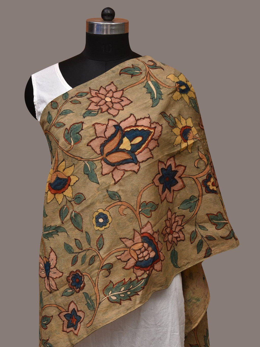 Light Green Kalamkari Hand Painted Sico Stole with Floral Design - Global Threads | Grocsy