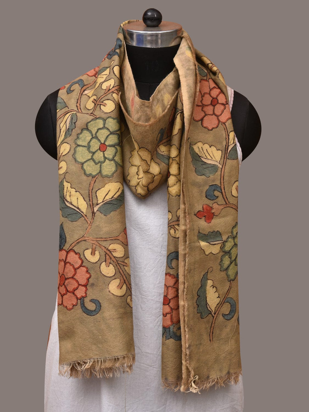 Light Green Kalamkari Hand Painted Woolen Handloom Stole with Floral Design - Global Threads | Grocsy