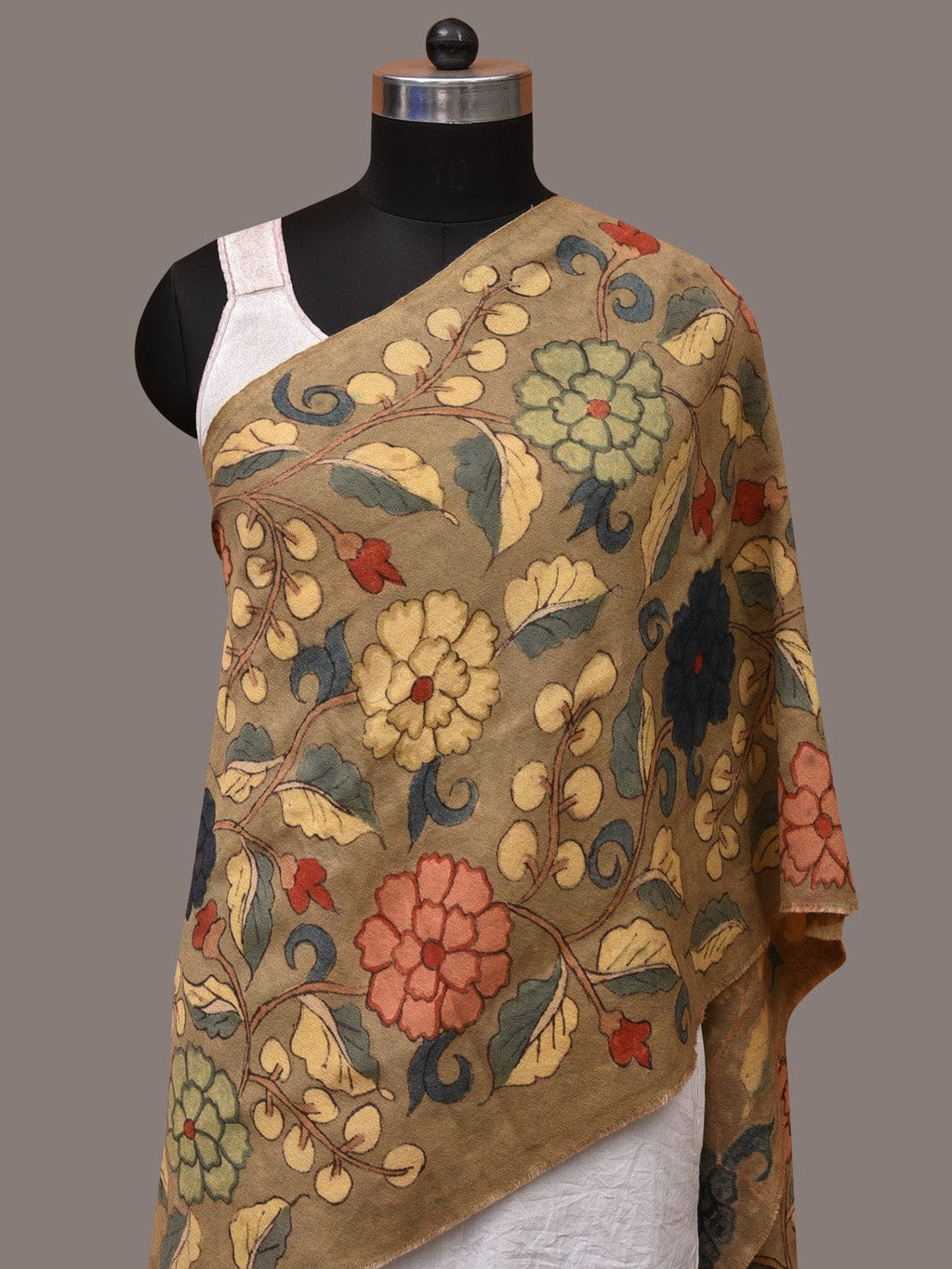 Light Green Kalamkari Hand Painted Woolen Handloom Stole with Floral Design - Global Threads | Grocsy