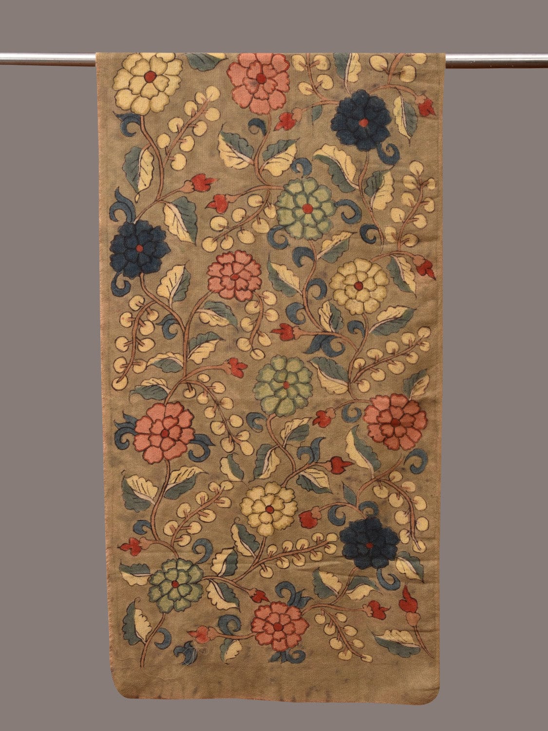 Light Green Kalamkari Hand Painted Woolen Handloom Stole with Floral Design - Global Threads | Grocsy