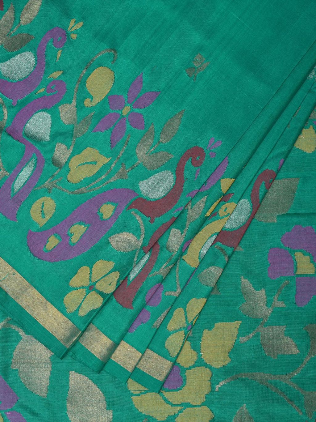 Light Green Uppada Silk Handloom Saree with Peacocks Border and Floral Pallu Design - Global Threads | Grocsy
