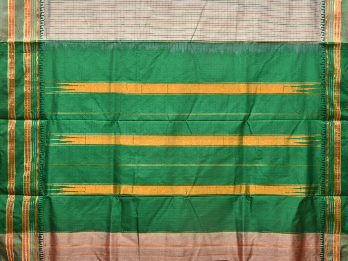 Light Grey and Green Narayanpet Silk Handloom Saree with Checks Design No Blouse - Global Threads | Grocsy