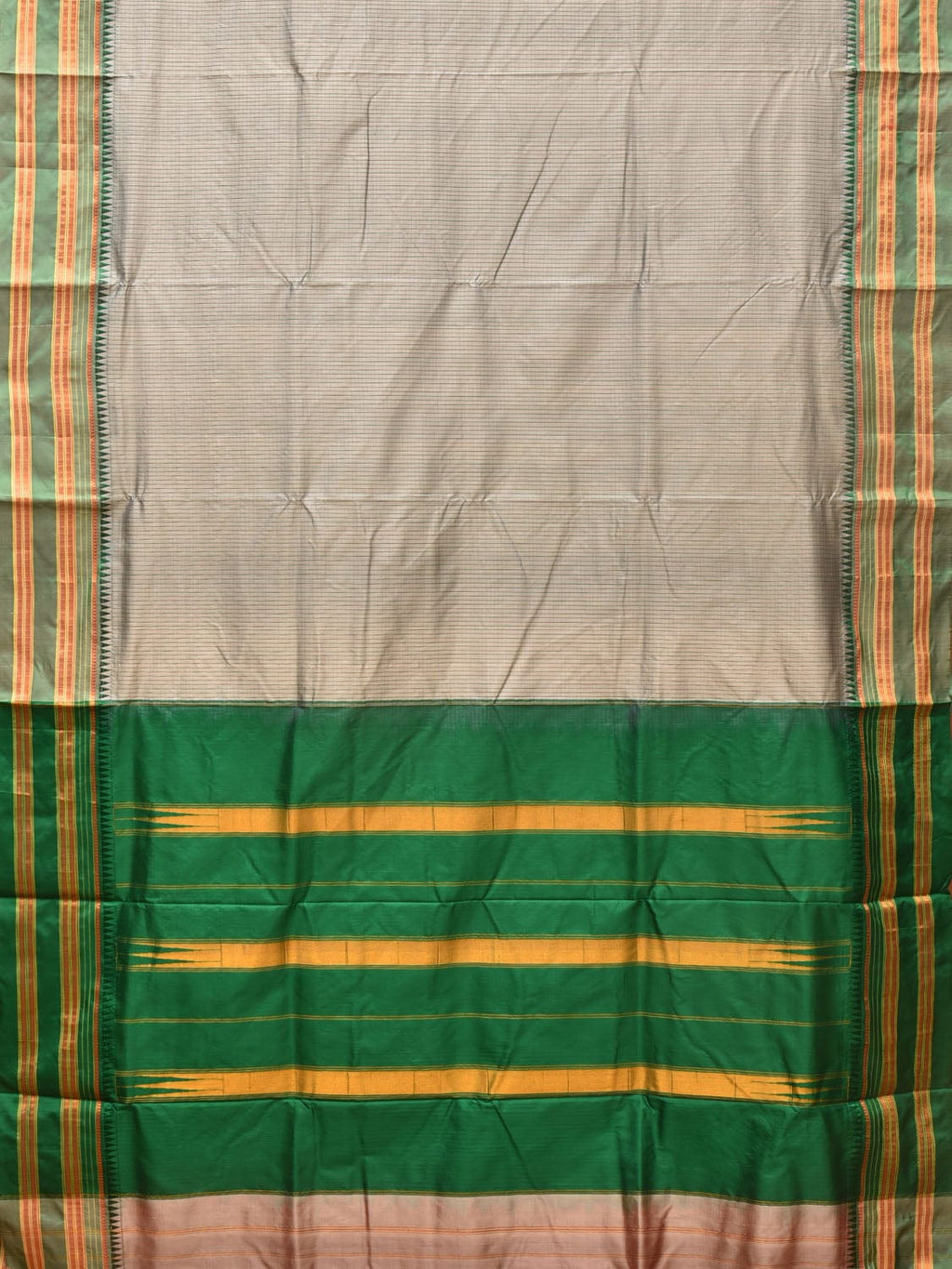 Light Grey and Green Narayanpet Silk Handloom Saree with Checks Design No Blouse - Global Threads | Grocsy