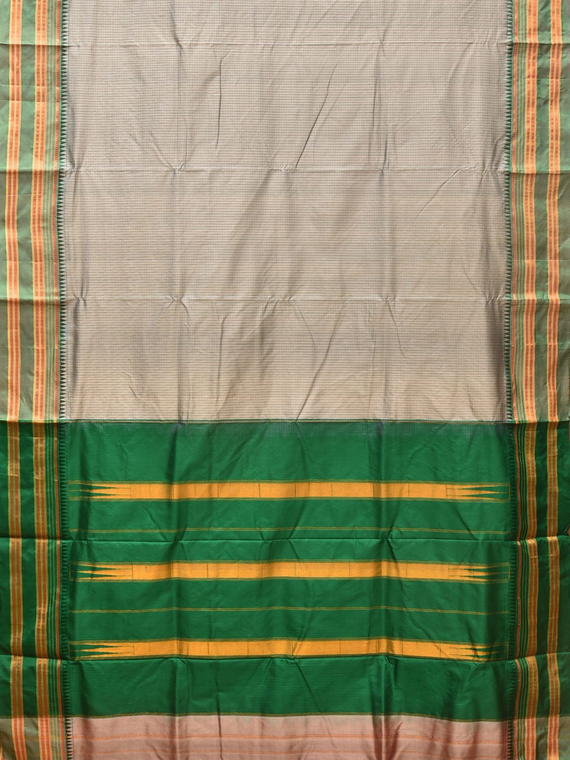 Light Grey and Green Narayanpet Silk Handloom Saree with Checks Design No Blouse - Global Threads | Grocsy