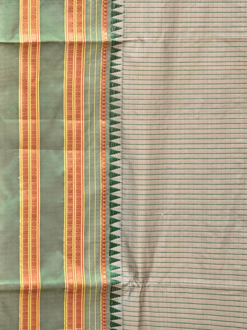 Light Grey and Green Narayanpet Silk Handloom Saree with Checks Design No Blouse - Global Threads | Grocsy
