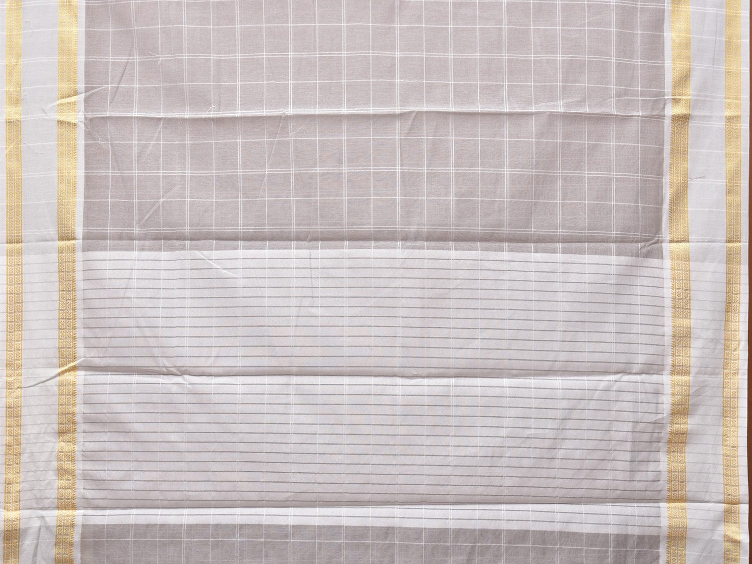 Light Grey Bamboo Cotton Saree with Big Checks and Doby Border Design - Global Threads | Grocsy