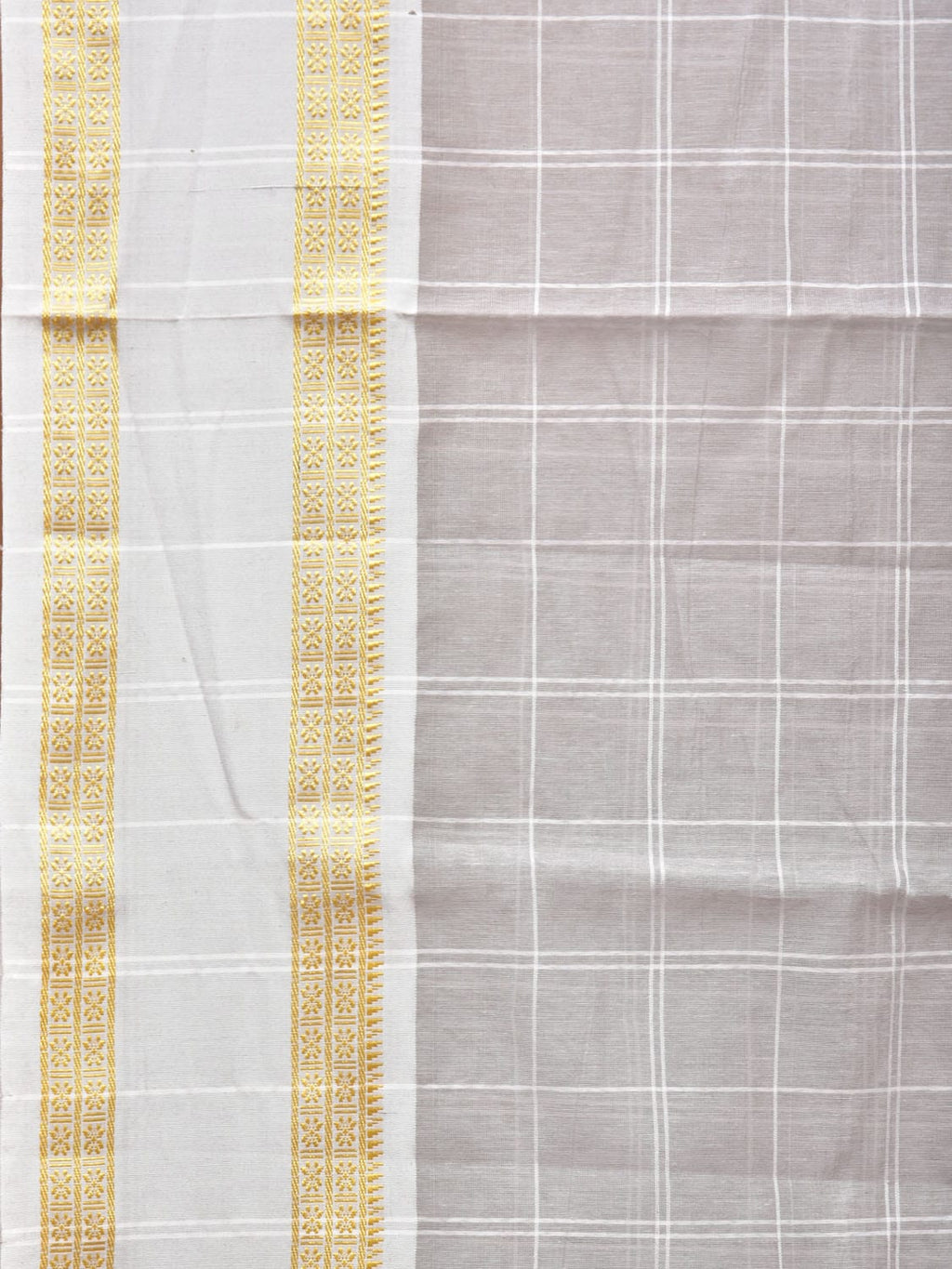 Light Grey Bamboo Cotton Saree with Big Checks and Doby Border Design - Global Threads | Grocsy