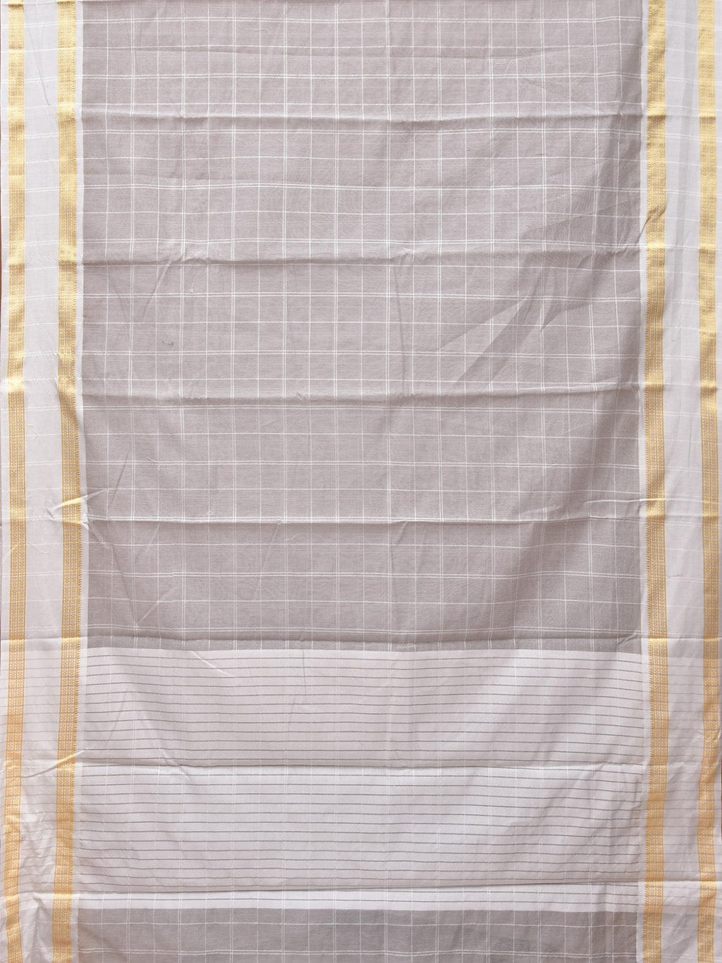 Light Grey Bamboo Cotton Saree with Big Checks and Doby Border Design - Global Threads | Grocsy