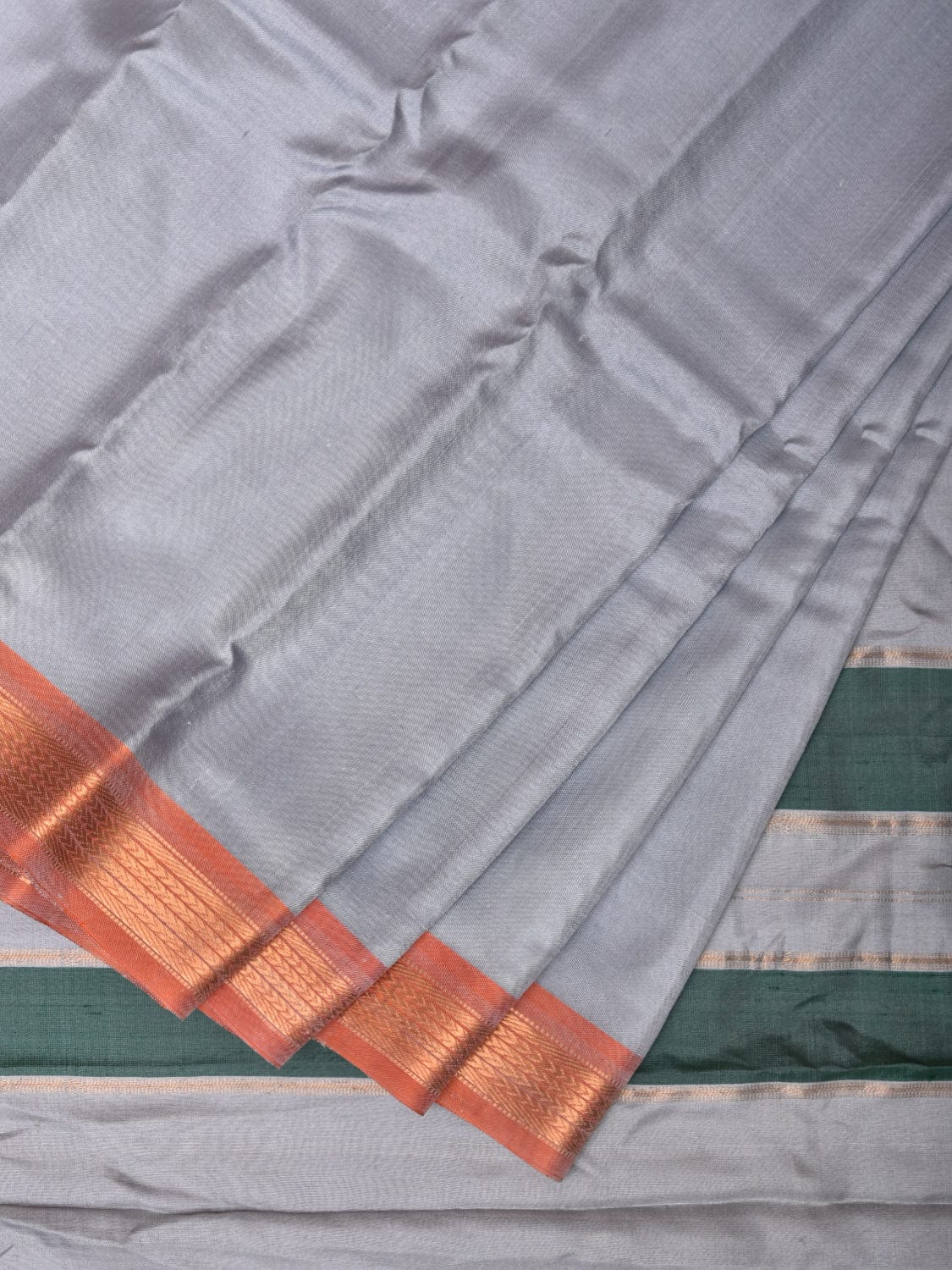 Light Grey Gadwal Silk Handloom Plain Saree with Strips Pallu Design - Global Threads | Grocsy