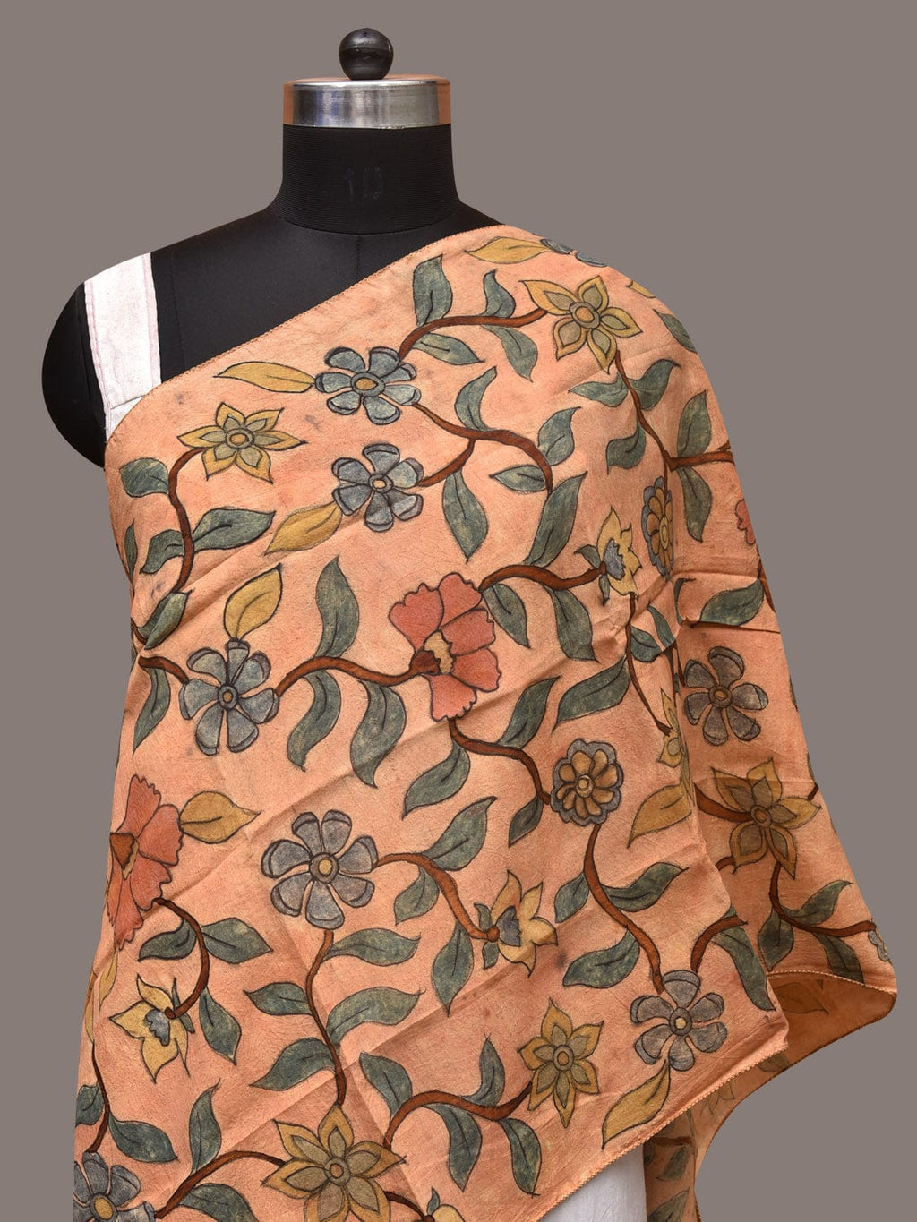 Light Orange Kalamkari Hand Painted Sico Stole with Floral Design - Global Threads | Grocsy