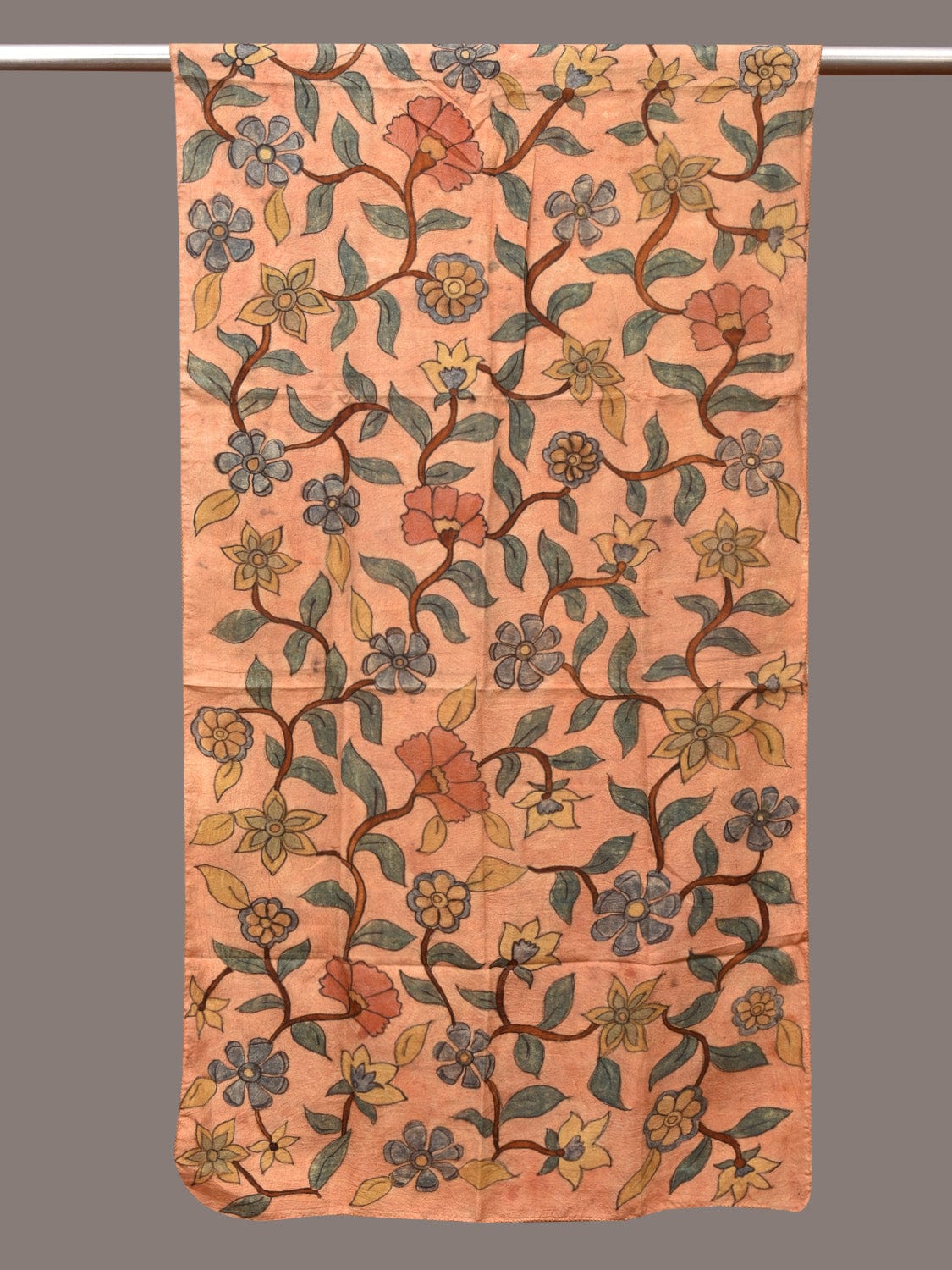 Light Orange Kalamkari Hand Painted Sico Stole with Floral Design - Global Threads | Grocsy