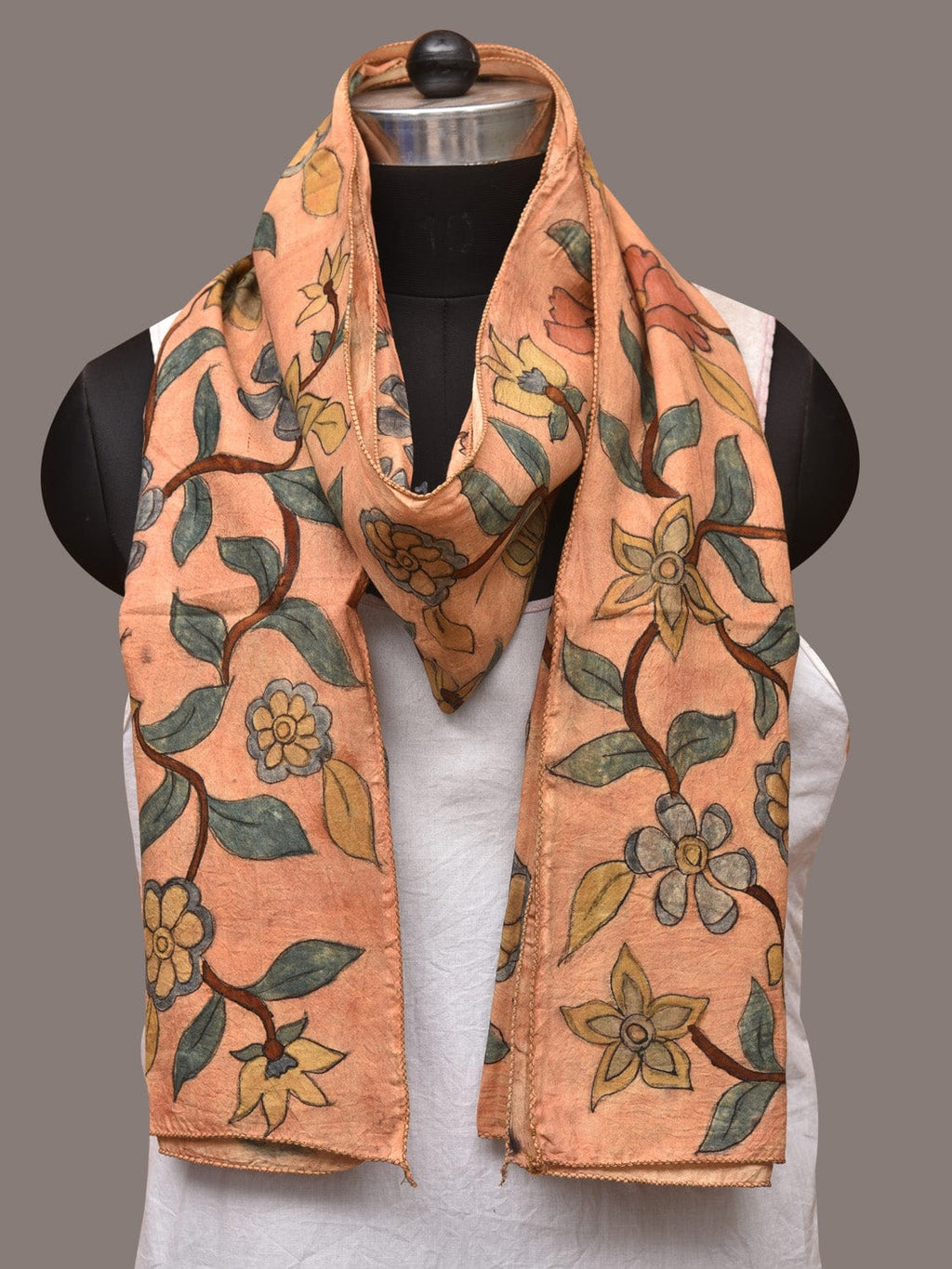 Light Orange Kalamkari Hand Painted Sico Stole with Floral Design - Global Threads | Grocsy