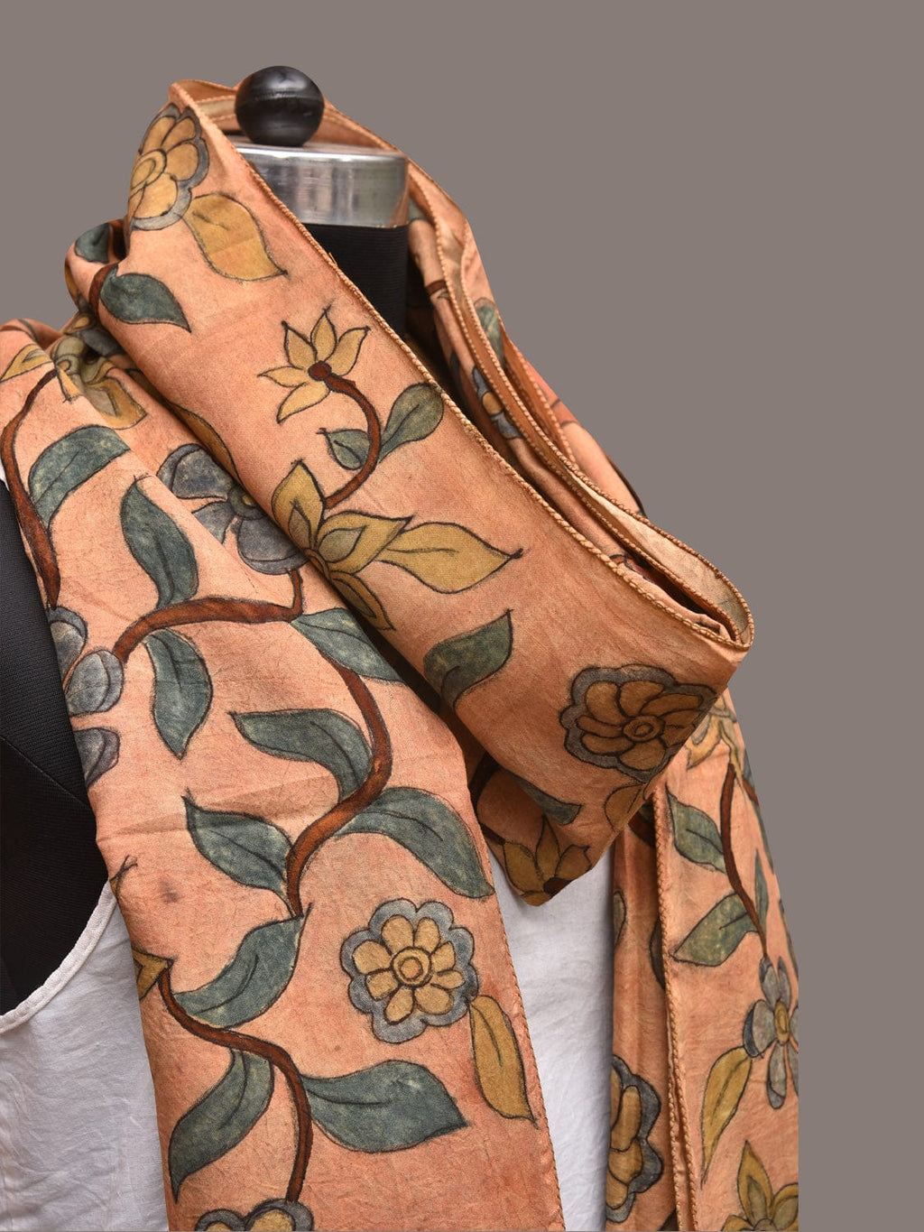 Light Orange Kalamkari Hand Painted Sico Stole with Floral Design - Global Threads | Grocsy