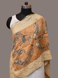Light Orange Kalamkari Hand Painted Tussar Handloom Stole with Birds, Fishes and Embroidery Design - Global Threads | Grocsy