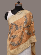 Light Orange Kalamkari Hand Painted Tussar Handloom Stole with Birds, Fishes and Embroidery Design - Global Threads | Grocsy