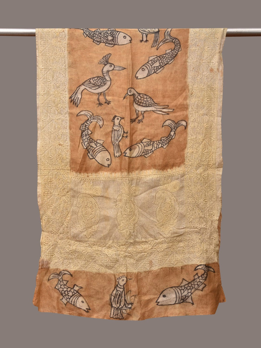Light Orange Kalamkari Hand Painted Tussar Handloom Stole with Birds, Fishes and Embroidery Design - Global Threads | Grocsy