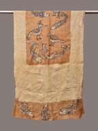 Light Orange Kalamkari Hand Painted Tussar Handloom Stole with Birds, Fishes and Embroidery Design - Global Threads | Grocsy