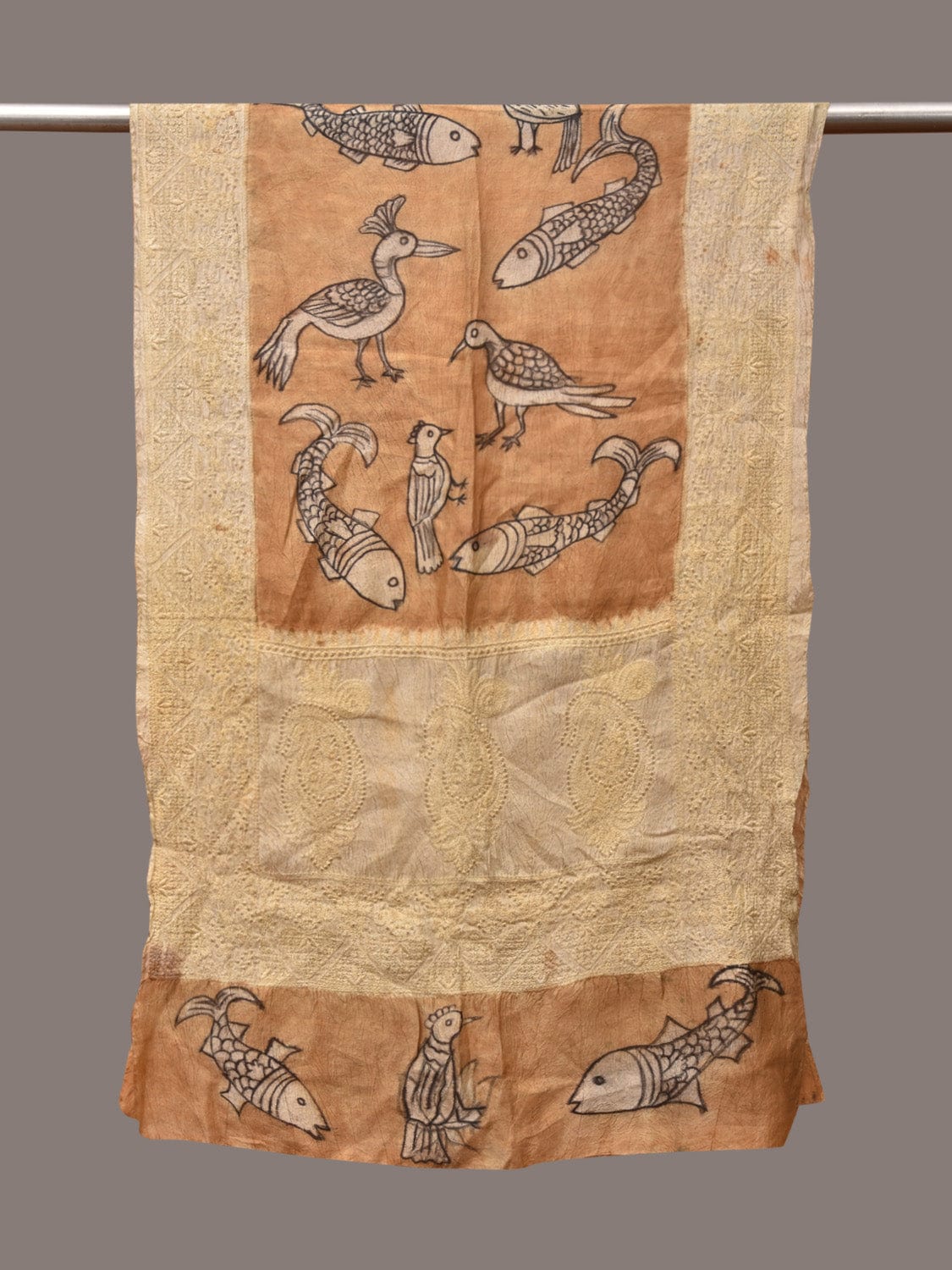 Light Orange Kalamkari Hand Painted Tussar Handloom Stole with Birds, Fishes and Embroidery Design - Global Threads | Grocsy
