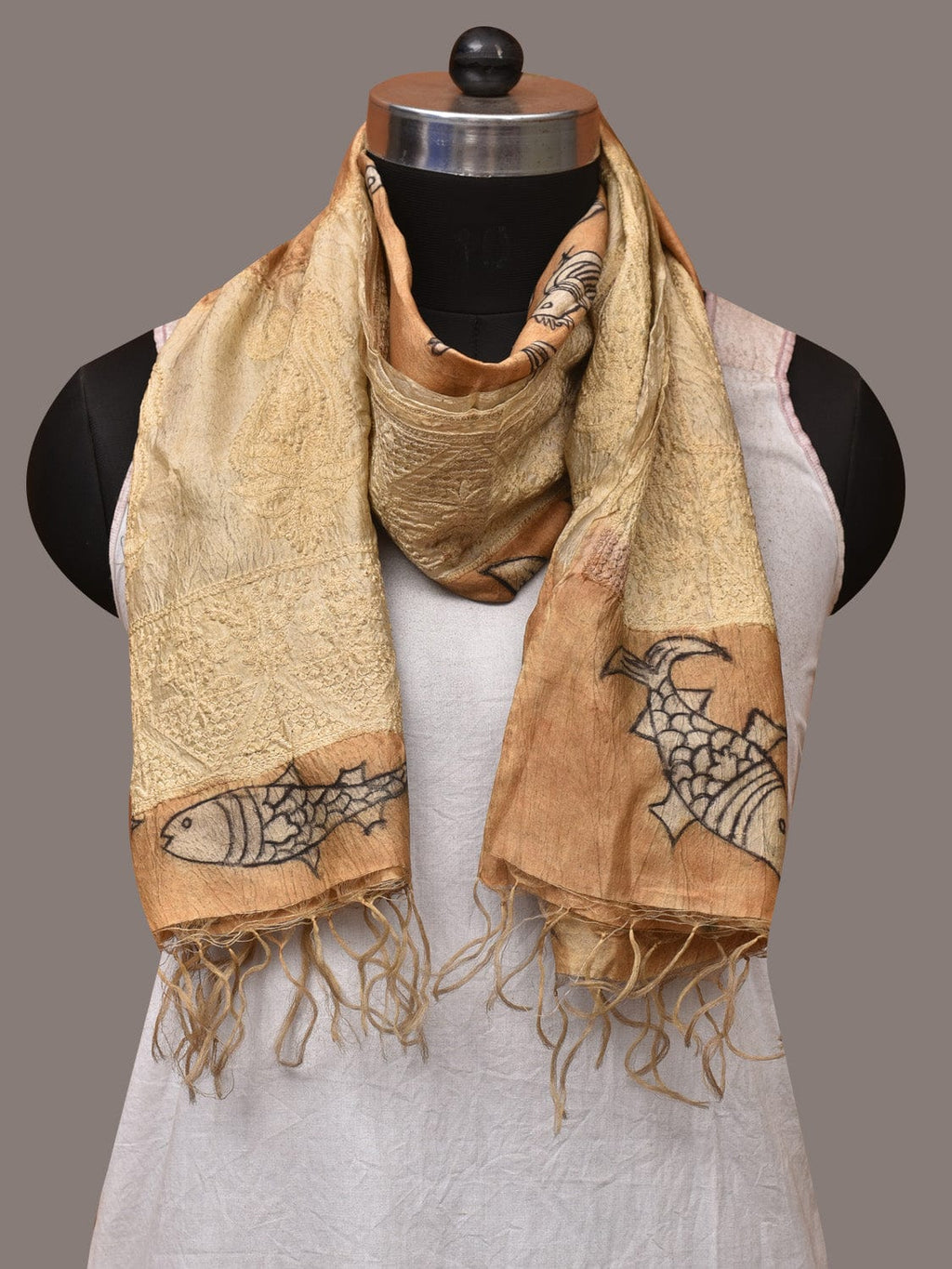 Light Orange Kalamkari Hand Painted Tussar Handloom Stole with Birds, Fishes and Embroidery Design - Global Threads | Grocsy