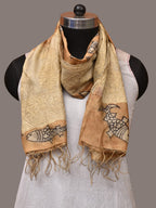Light Orange Kalamkari Hand Painted Tussar Handloom Stole with Birds, Fishes and Embroidery Design - Global Threads | Grocsy