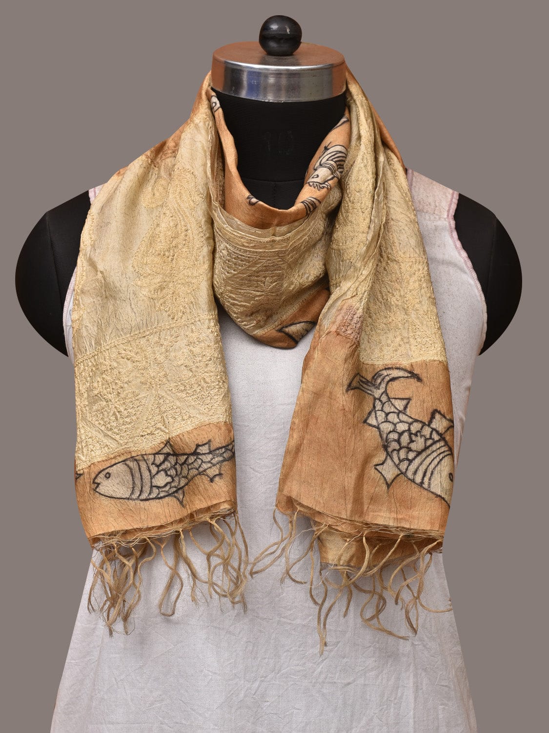 Light Orange Kalamkari Hand Painted Tussar Handloom Stole with Birds, Fishes and Embroidery Design - Global Threads | Grocsy