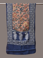 Light Peach and Blue Kalamkari Hand Painted Tussar Handloom Stole with Floral and Embroidery Design - Global Threads | Grocsy
