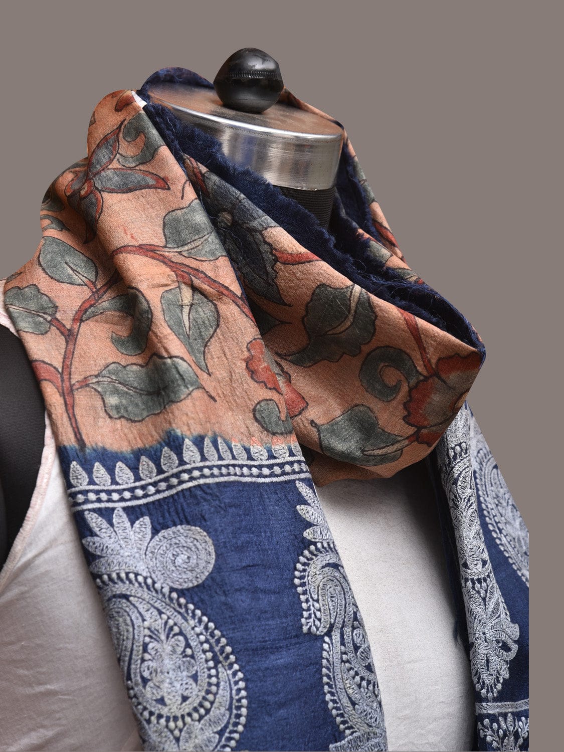 Light Peach and Blue Kalamkari Hand Painted Tussar Handloom Stole with Floral and Embroidery Design - Global Threads | Grocsy