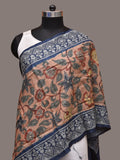 Light Peach and Blue Kalamkari Hand Painted Tussar Handloom Stole with Floral and Embroidery Design - Global Threads | Grocsy