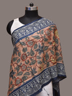 Light Peach and Blue Kalamkari Hand Painted Tussar Handloom Stole with Floral and Embroidery Design - Global Threads | Grocsy