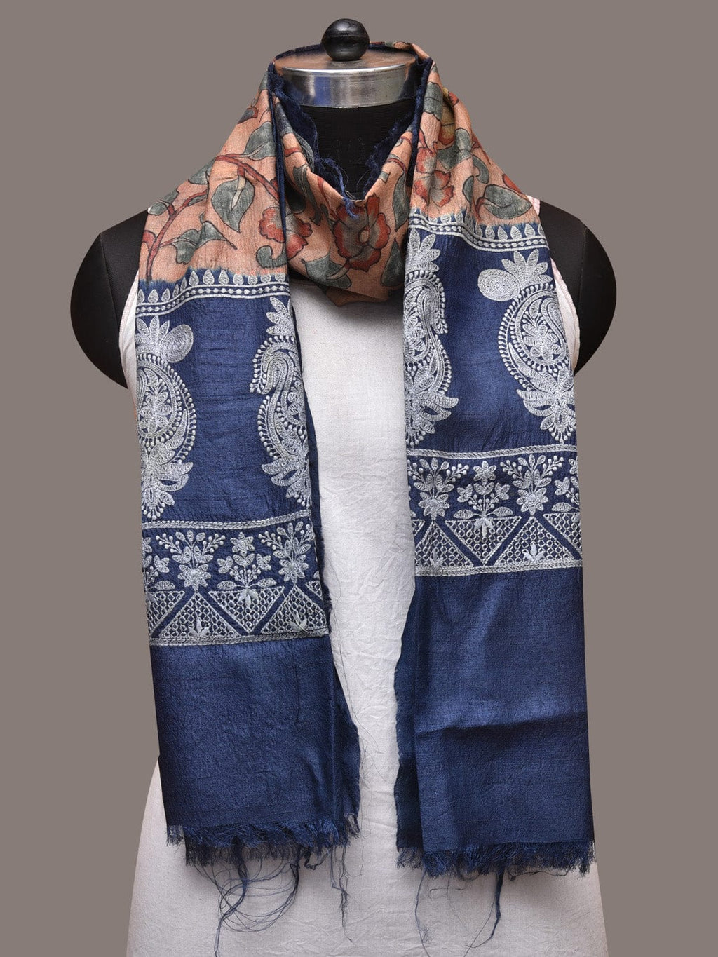 Light Peach and Blue Kalamkari Hand Painted Tussar Handloom Stole with Floral and Embroidery Design - Global Threads | Grocsy