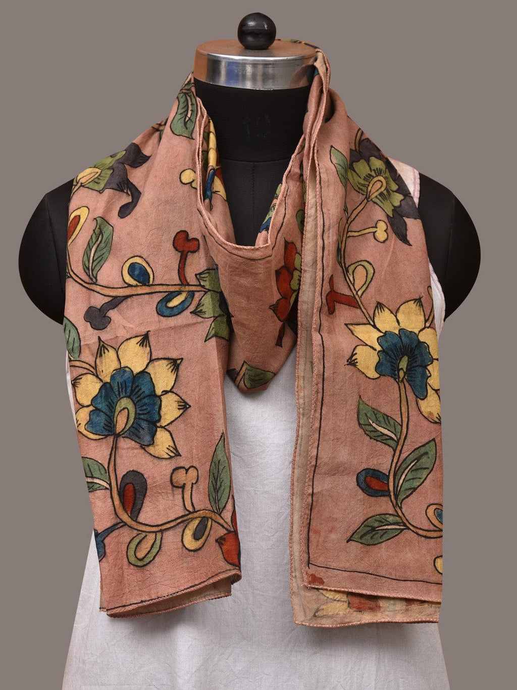 Light Peach Kalamkari Hand Painted Sico Stole with Floral Design - Global Threads | Grocsy