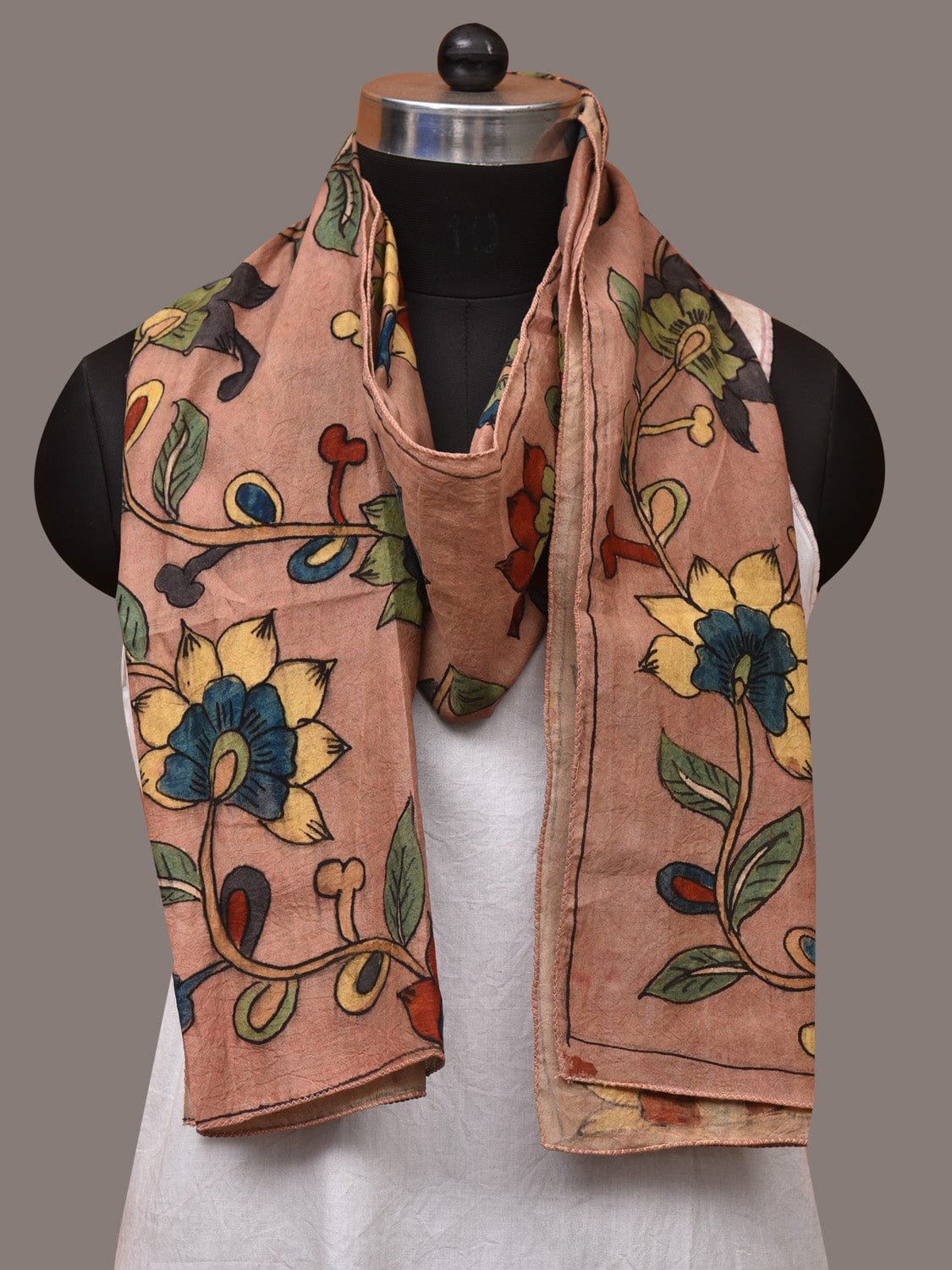 Light Peach Kalamkari Hand Painted Sico Stole with Floral Design - Global Threads | Grocsy