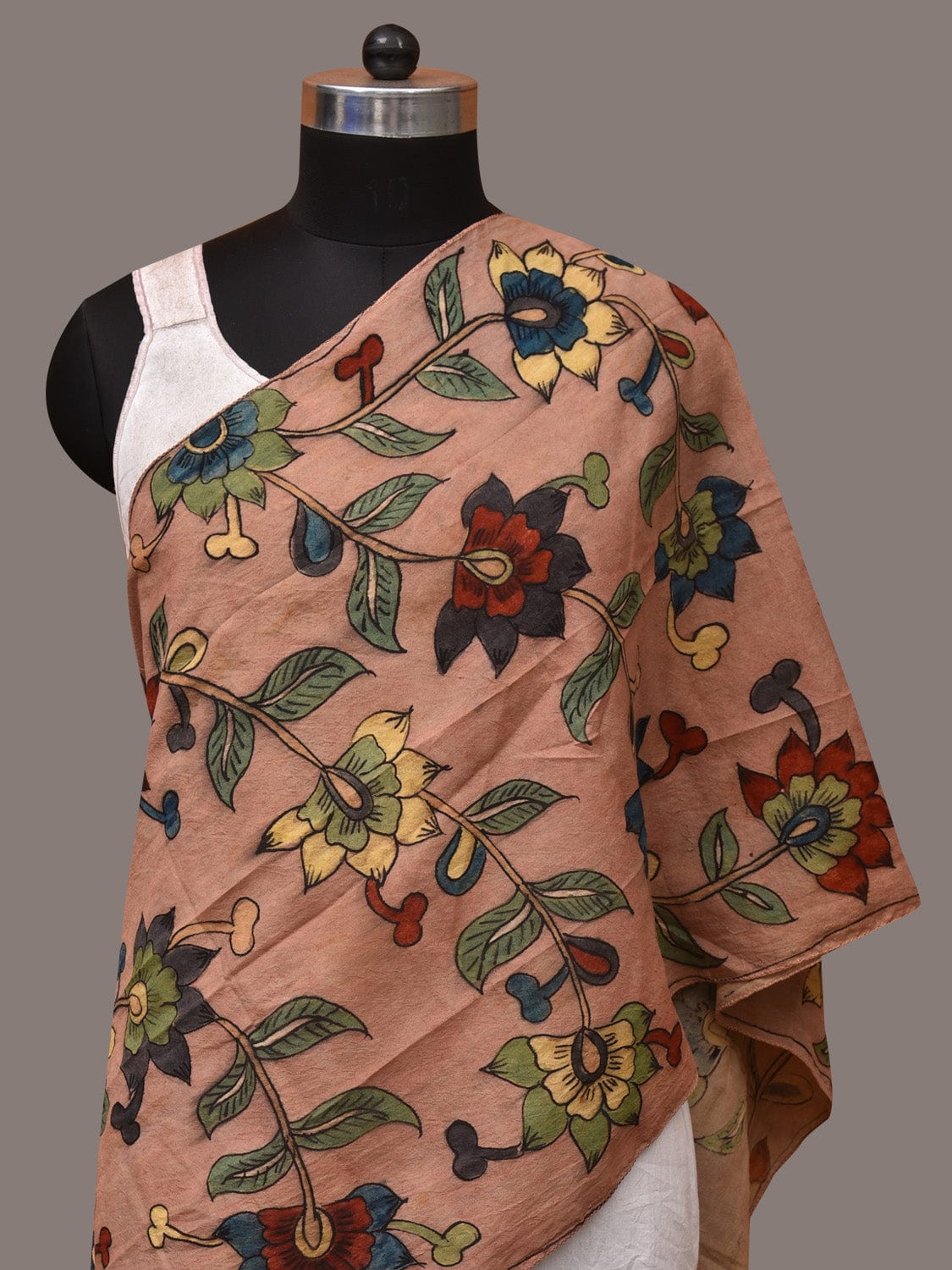 Light Peach Kalamkari Hand Painted Sico Stole with Floral Design - Global Threads | Grocsy