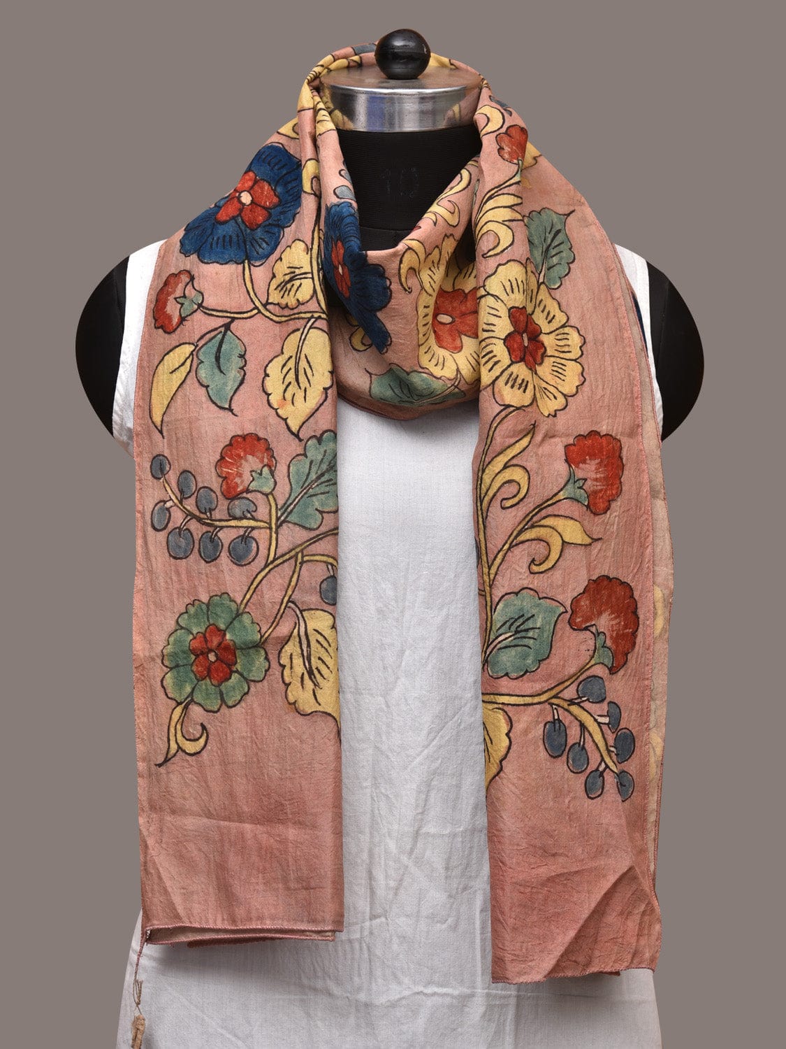 Light Peach Kalamkari Hand Painted Sico Stole with Floral Design - Global Threads | Grocsy