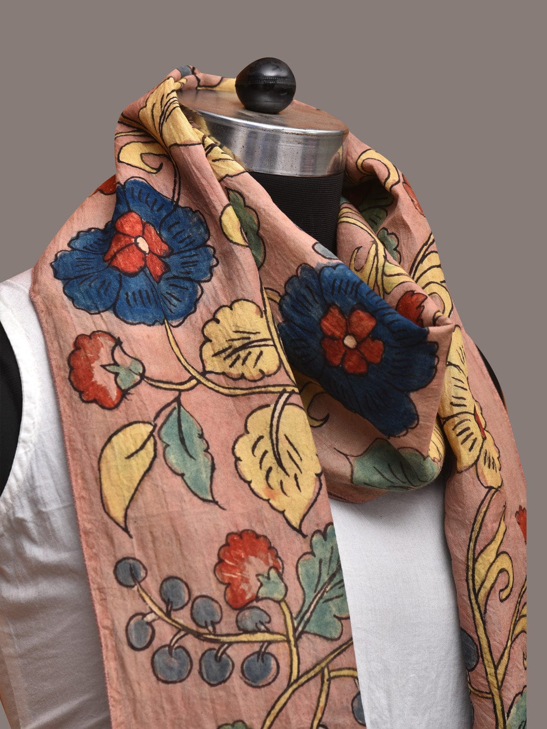 Light Peach Kalamkari Hand Painted Sico Stole with Floral Design - Global Threads | Grocsy
