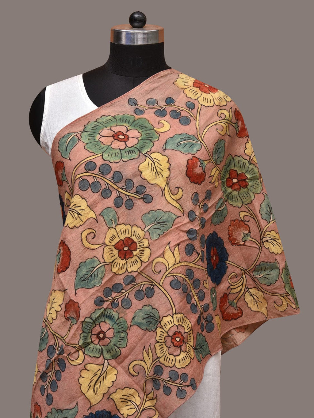 Light Peach Kalamkari Hand Painted Sico Stole with Floral Design - Global Threads | Grocsy