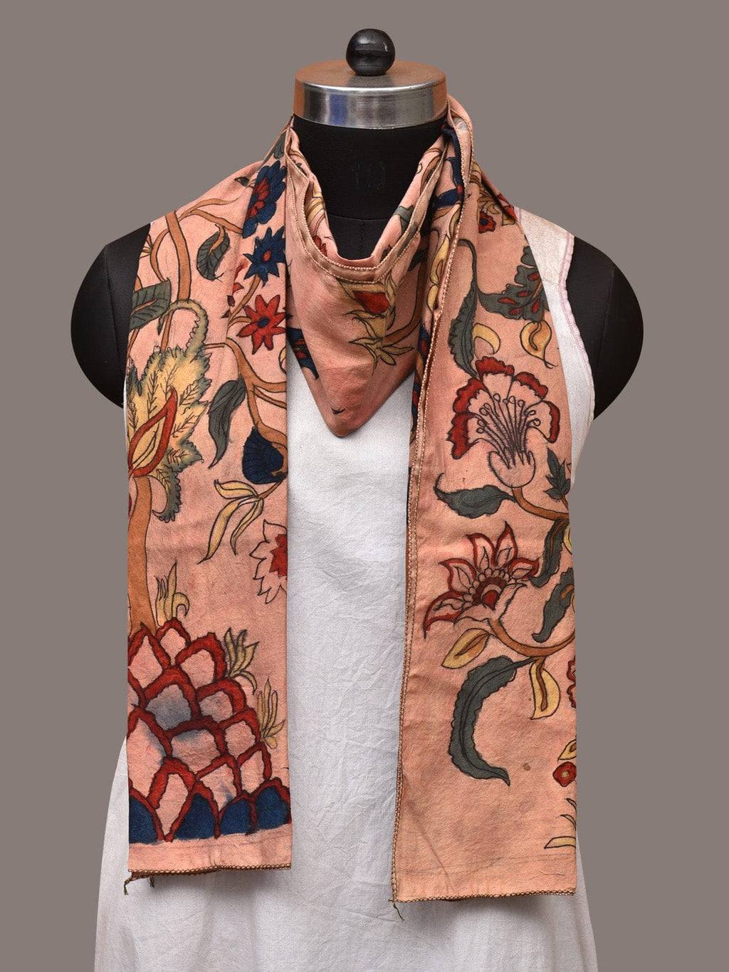 Light Peach Kalamkari Hand Painted Sico Stole with Tree of Life Design - Global Threads | Grocsy