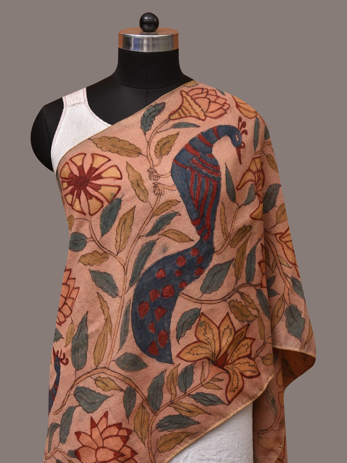 Light Peach Kalamkari Hand Painted Woolen Handloom Stole with Floral and Peacocks Design - Global Threads | Grocsy