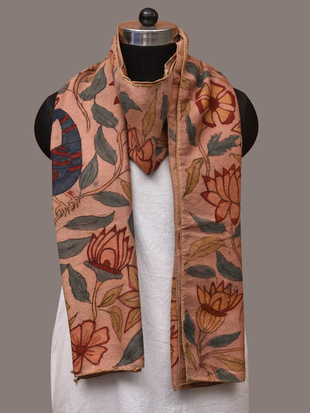 Light Peach Kalamkari Hand Painted Woolen Handloom Stole with Floral and Peacocks Design - Global Threads | Grocsy