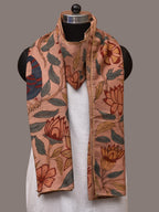 Light Peach Kalamkari Hand Painted Woolen Handloom Stole with Floral and Peacocks Design - Global Threads | Grocsy