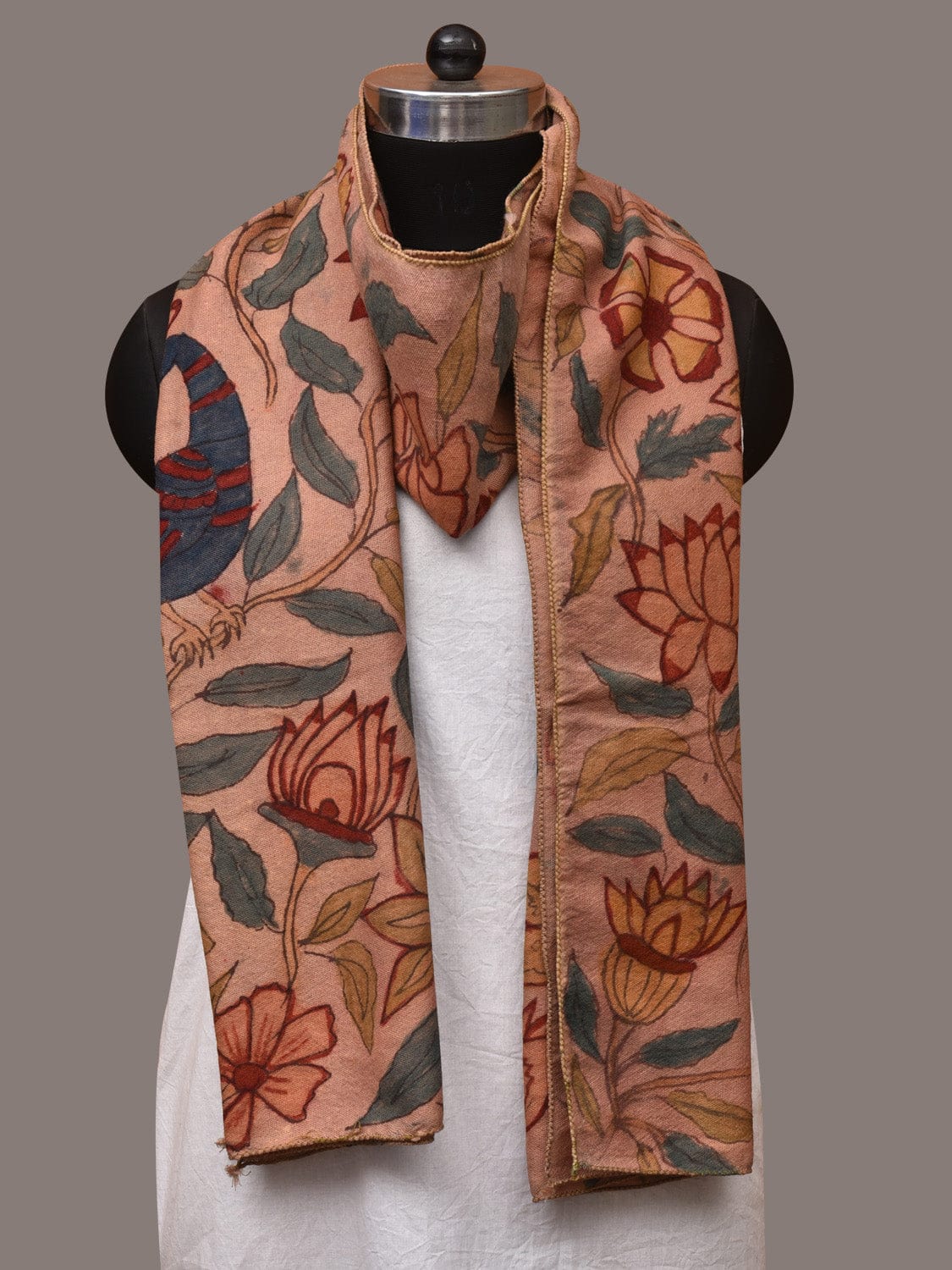 Light Peach Kalamkari Hand Painted Woolen Handloom Stole with Floral and Peacocks Design - Global Threads | Grocsy