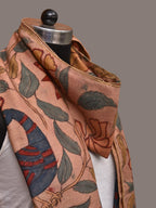 Light Peach Kalamkari Hand Painted Woolen Handloom Stole with Floral and Peacocks Design - Global Threads | Grocsy