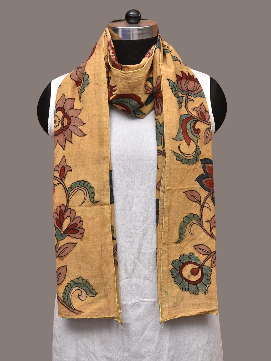 Light Yellow Kalamkari Hand Painted Cotton Stole with Floral Design - Global Threads | Grocsy