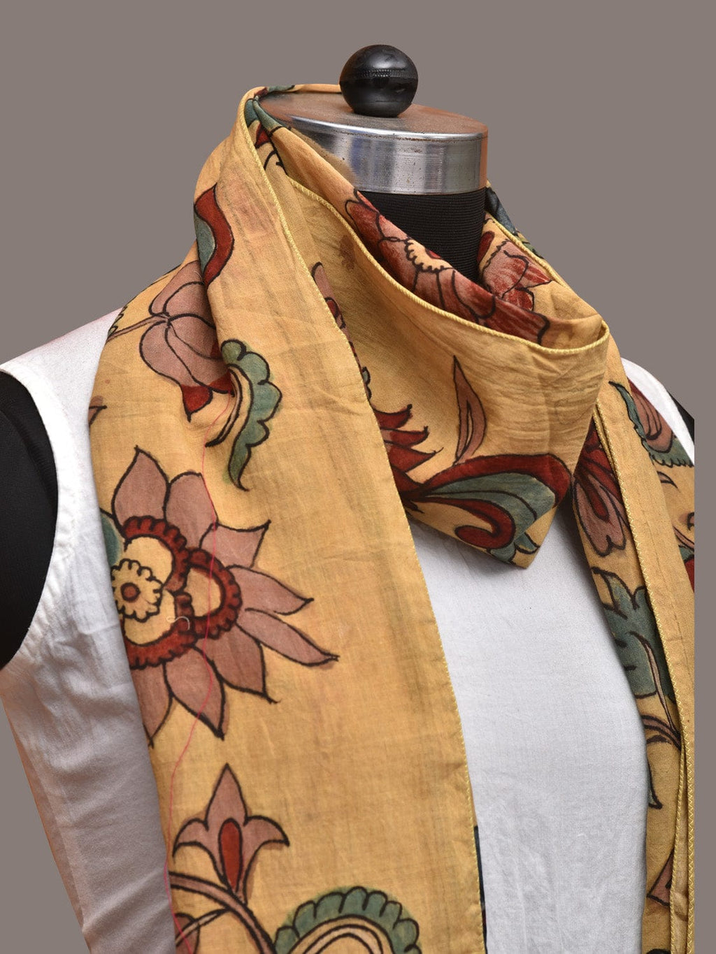 Light Yellow Kalamkari Hand Painted Cotton Stole with Floral Design - Global Threads | Grocsy
