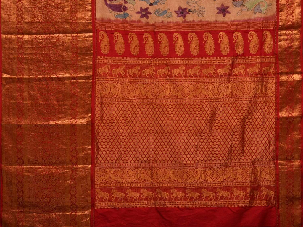 Light Yellow Kalamkari Hand Painted Kanchipuram Silk Handloom Saree with Dashavatar Design - Global Threads | Grocsy