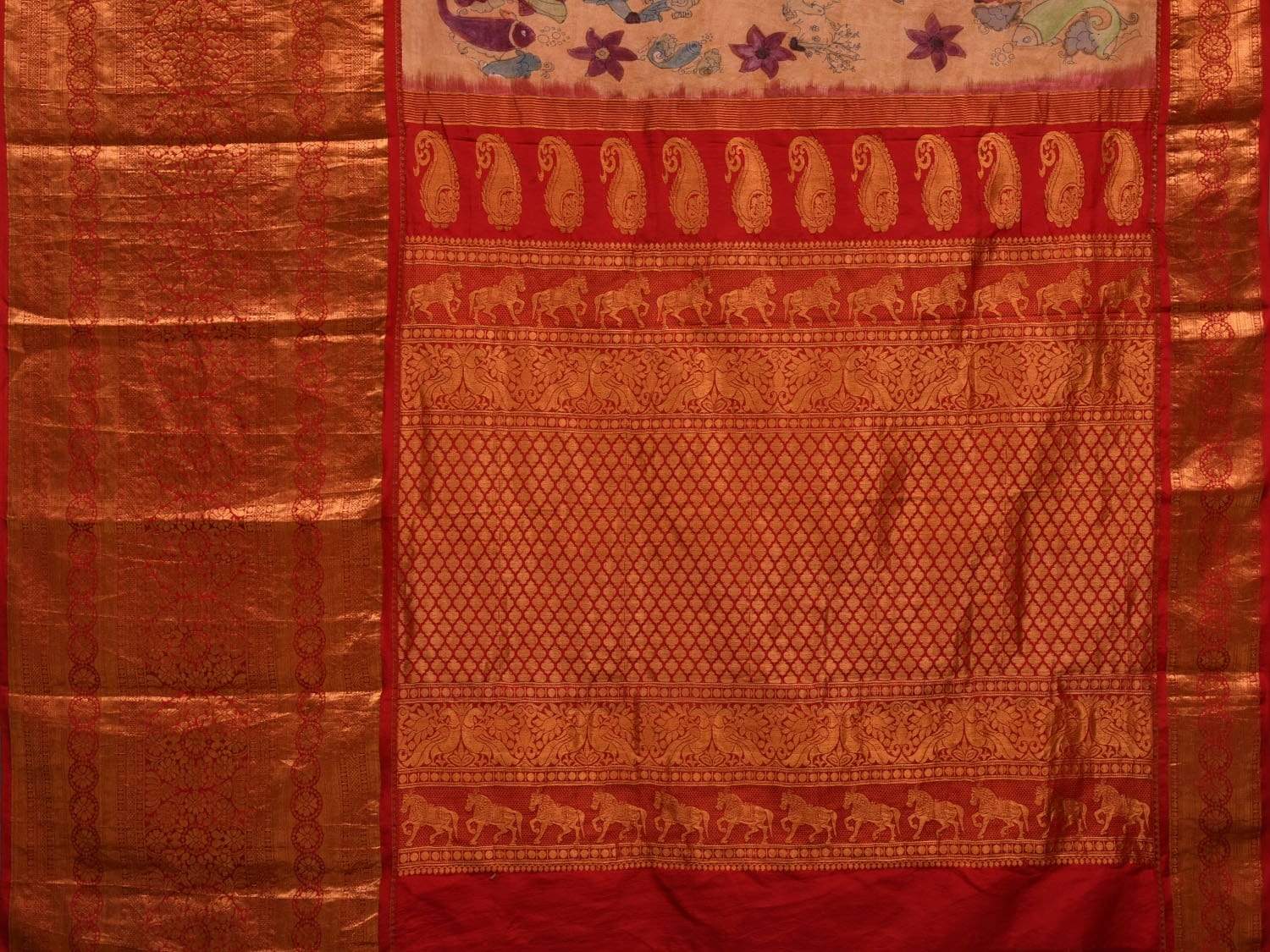 Light Yellow Kalamkari Hand Painted Kanchipuram Silk Handloom Saree with Dashavatar Design - Global Threads | Grocsy