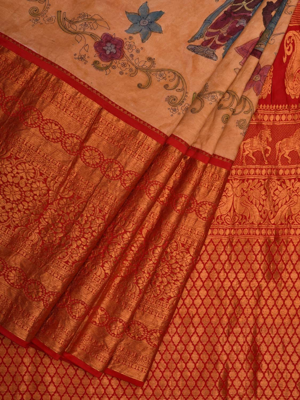Light Yellow Kalamkari Hand Painted Kanchipuram Silk Handloom Saree with Dashavatar Design - Global Threads | Grocsy
